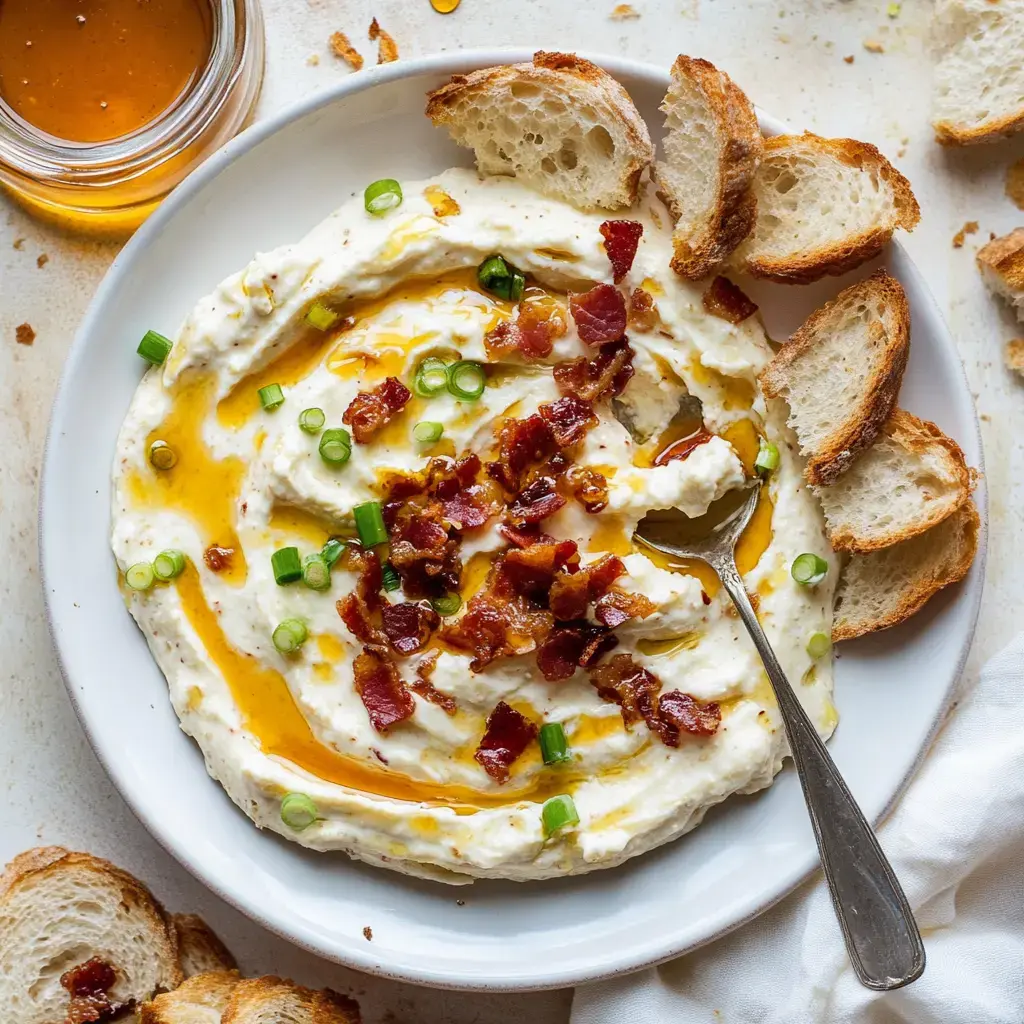 A bowl of creamy dip topped with bacon, green onions, and a drizzle of olive oil, accompanied by slices of toasted bread.