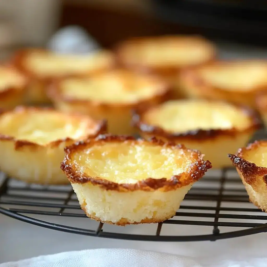 A plate of freshly baked mini coconut tarts cooling on a wire rack.