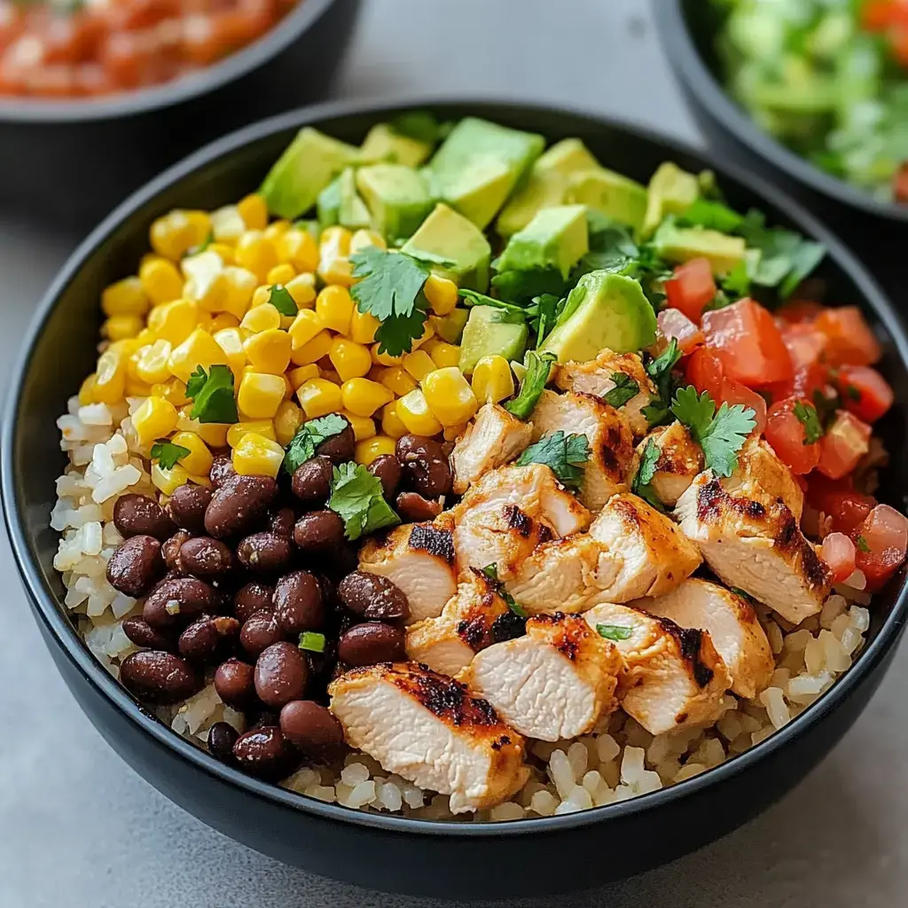 A colorful bowl filled with grilled chicken, black beans, corn, diced tomatoes, avocado, and cilantro over a bed of rice.