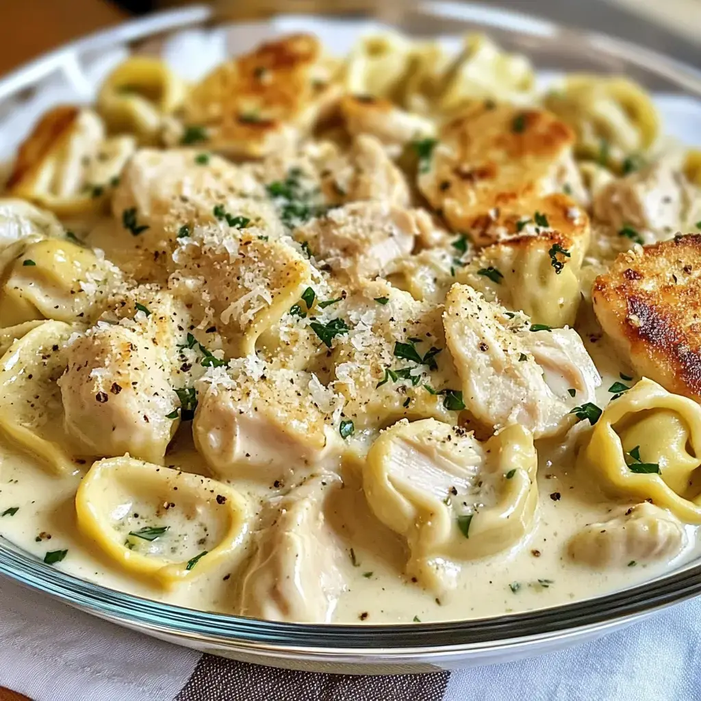 A creamy pasta dish featuring tortellini, chicken pieces, and sprinkled with parsley and grated cheese.