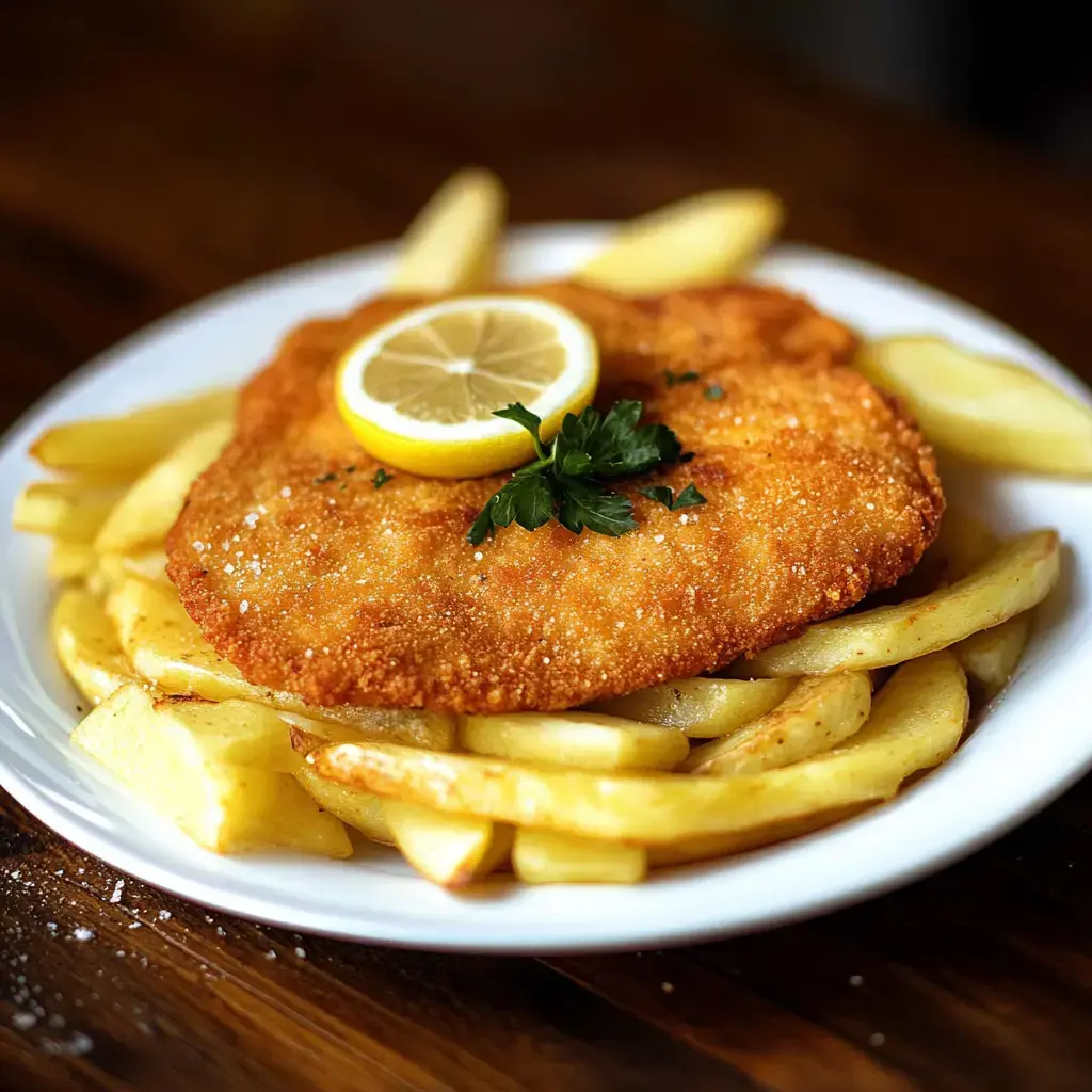 A golden-brown breaded fish fillet topped with a slice of lemon and parsley, served on a bed of thick French fries.