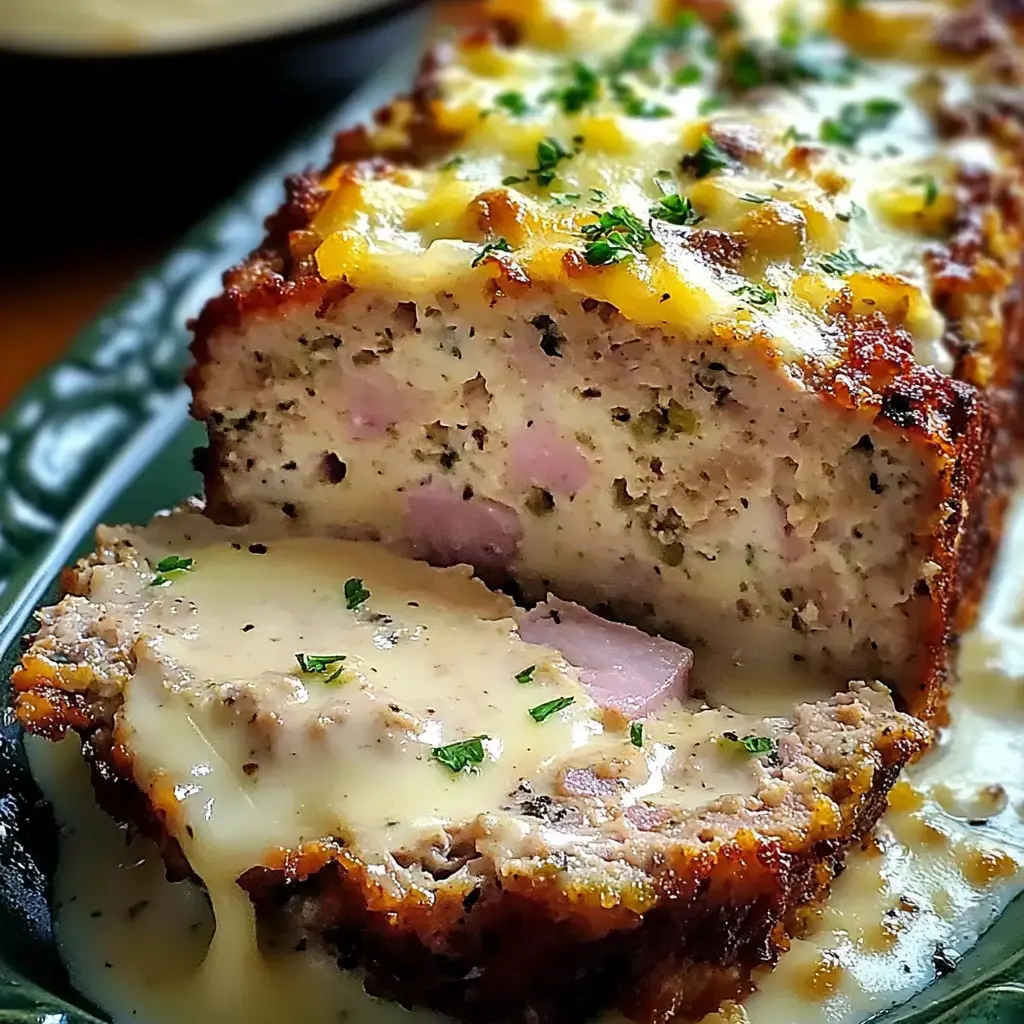 A sliced meatloaf drizzled with creamy sauce and garnished with parsley, showcasing its texture and ingredients.