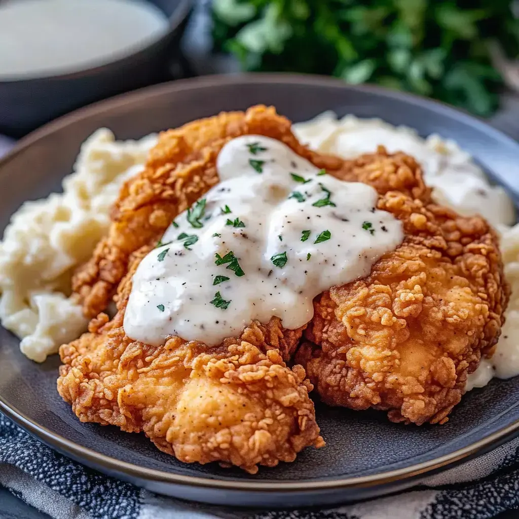 A plate of crispy fried chicken topped with creamy gravy, served alongside fluffy mashed potatoes.