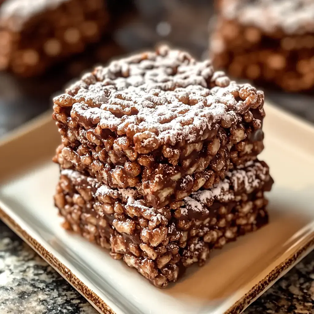 Two stacked chocolate rice crispy treats dusted with powdered sugar on a plate.