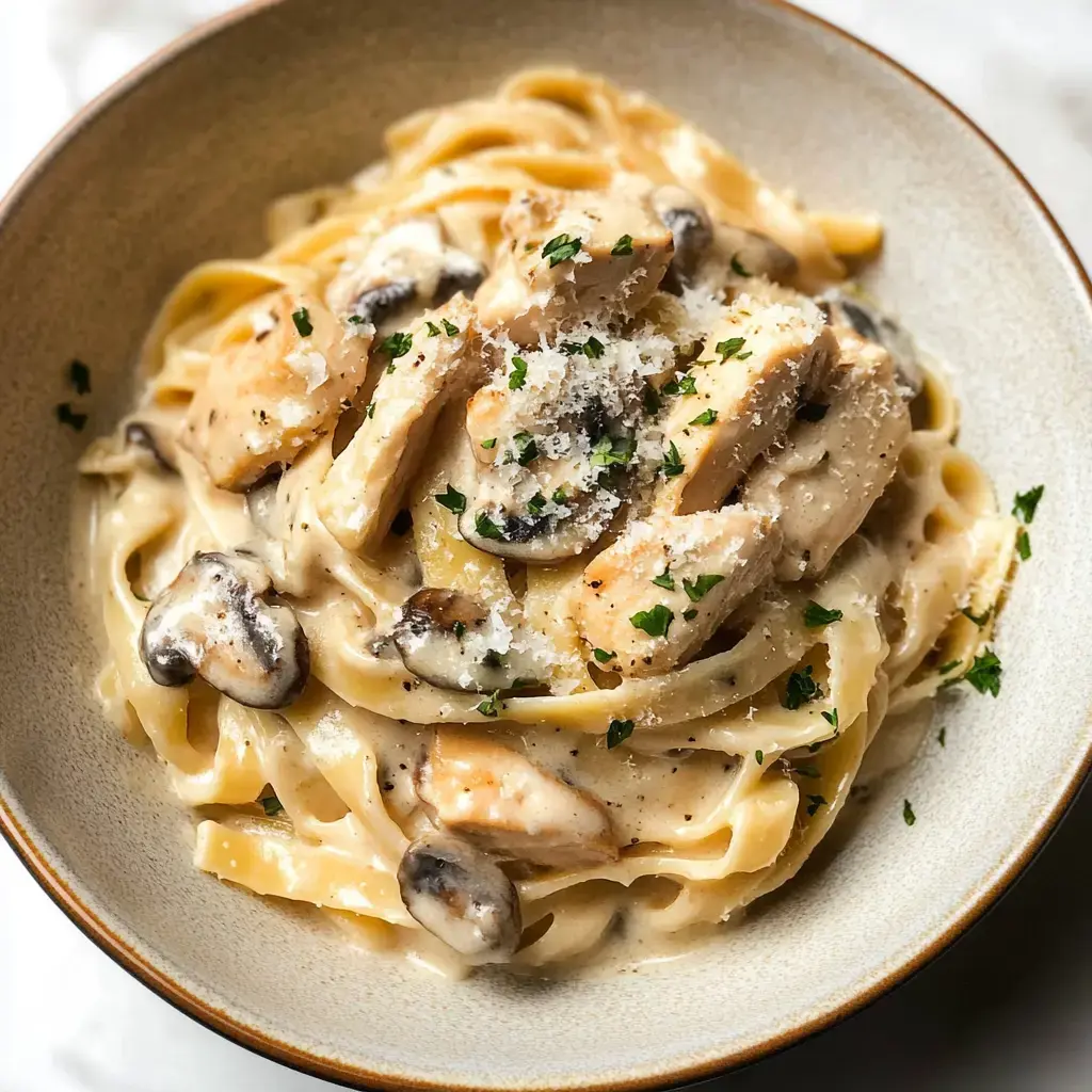 A bowl of creamy fettuccine pasta topped with sliced chicken, mushrooms, and grated cheese, garnished with fresh parsley.