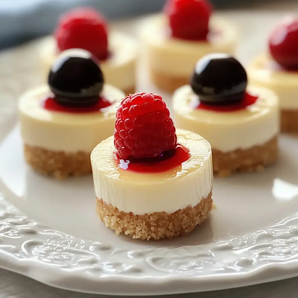 A plate of mini cheesecakes topped with raspberries and dark cherries, drizzled with red syrup.