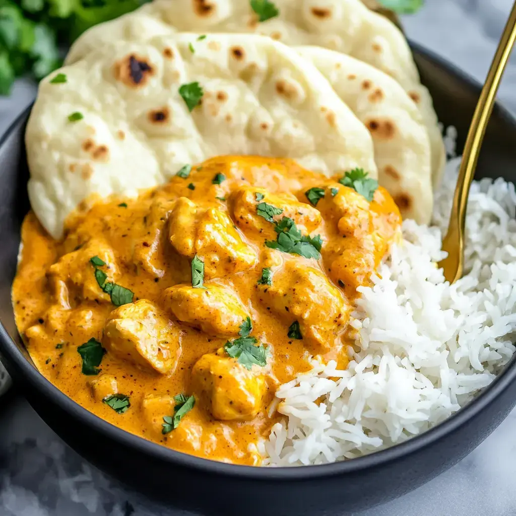 A bowl of butter chicken served with steamed white rice and naan bread, garnished with fresh cilantro.