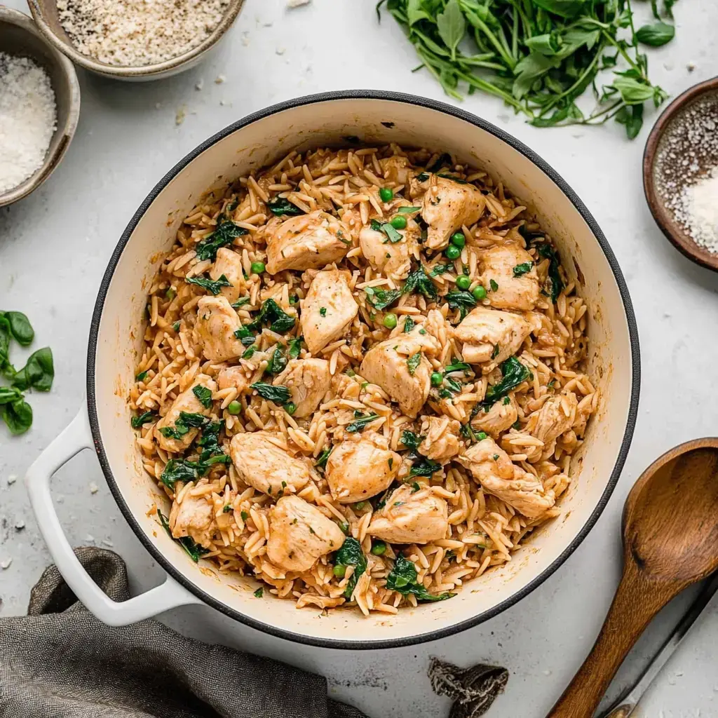 A pot of chicken and spinach orzo is surrounded by fresh herbs and seasonings.