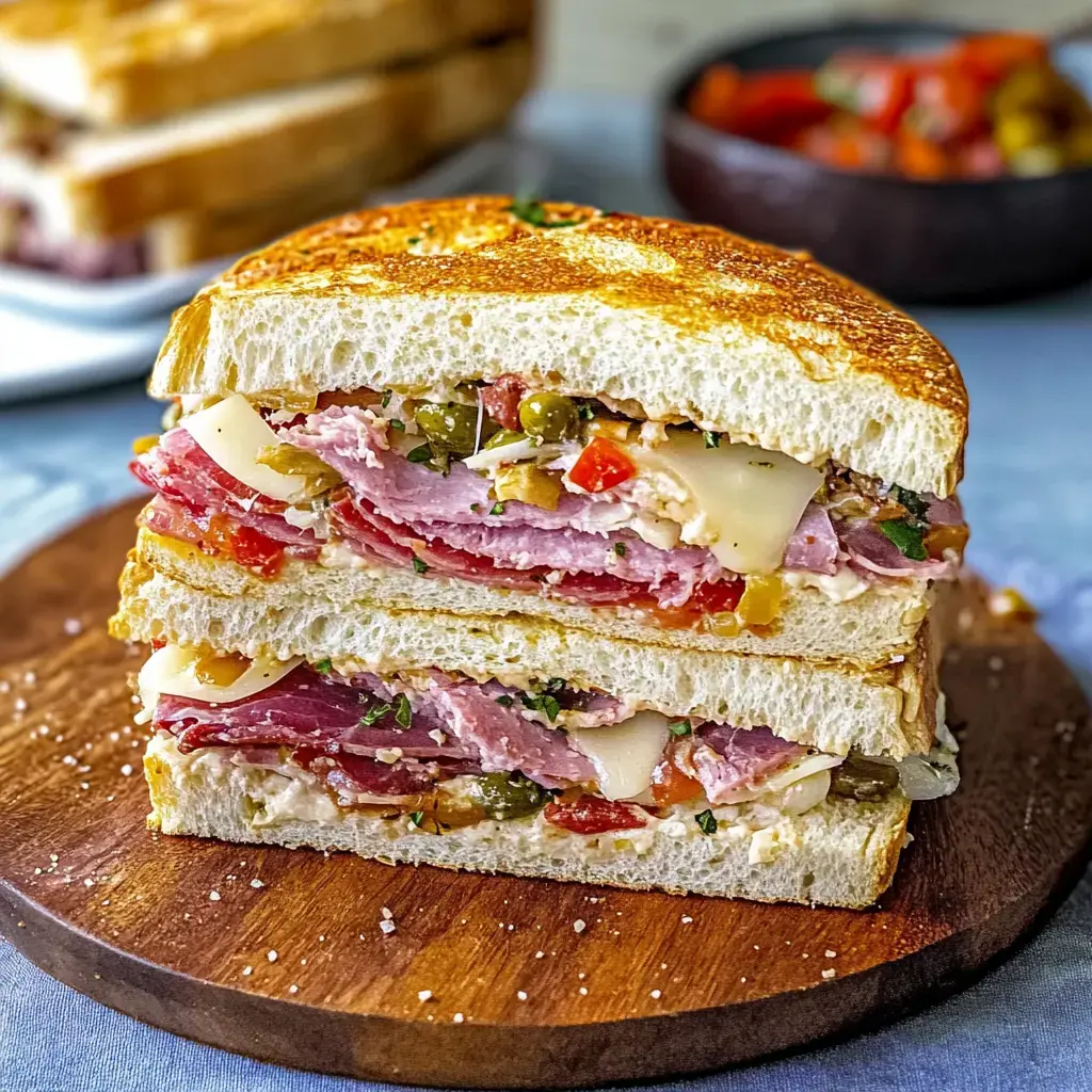 A hearty sandwich stacked with layers of meats, cheese, and vegetables, displayed on a wooden board.