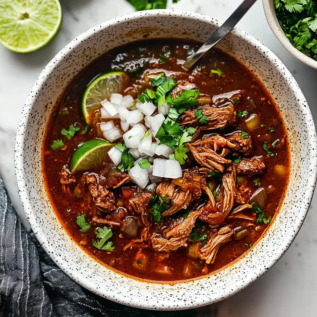 A bowl of hearty beef stew topped with diced onions, fresh cilantro, and lime wedges, surrounded by a dark broth.