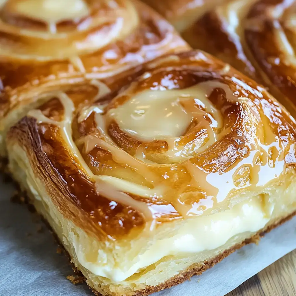 A close-up of a beautifully glazed cinnamon roll with creamy filling, resting on parchment paper.