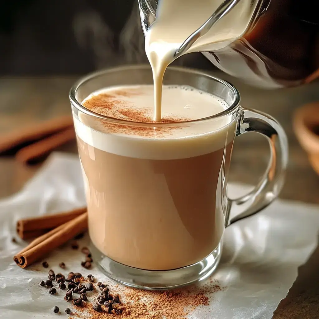 A glass of creamy coffee is being poured, topped with a sprinkle of cinnamon, alongside cinnamon sticks and coffee beans on the surface.