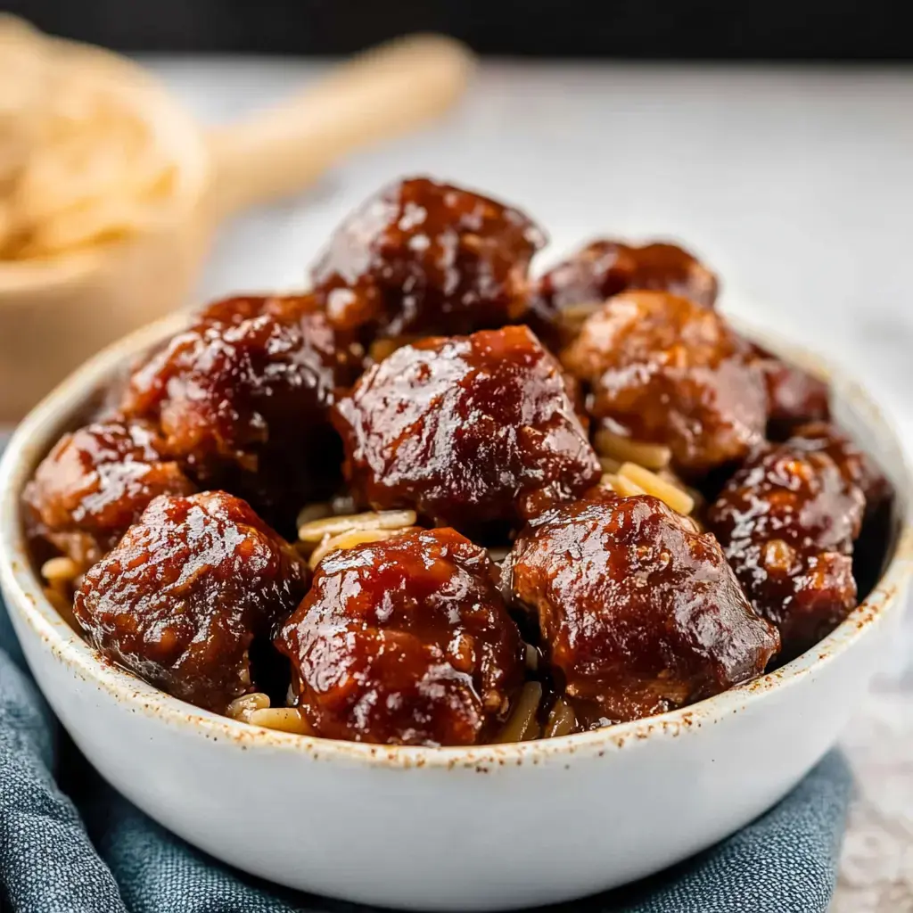 A close-up of a bowl filled with glazed meatballs resting on a bed of noodles, garnished with a blue napkin in the background.