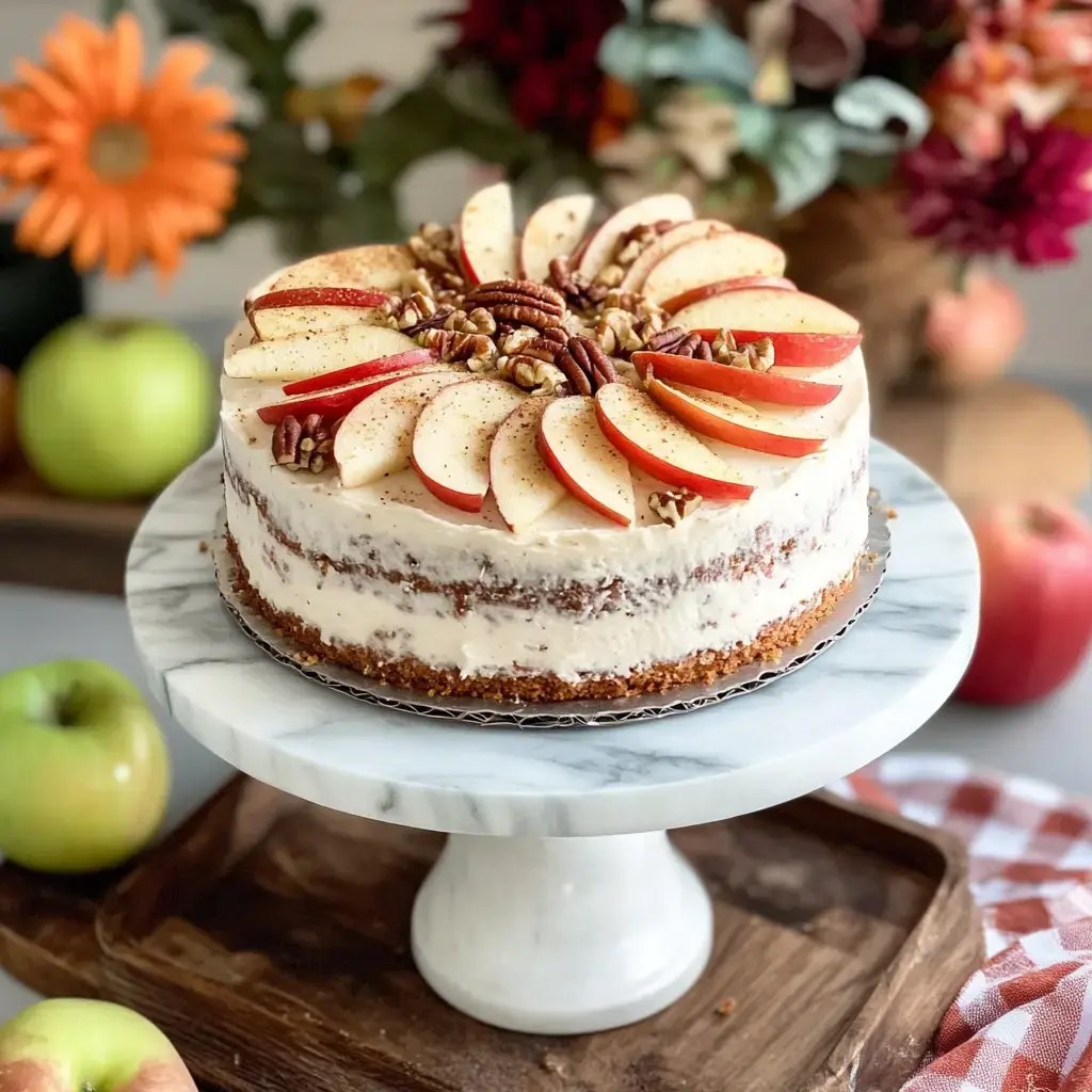 A beautifully decorated cake topped with apple slices and pecans sits on a marble cake stand, surrounded by fresh apples and colorful flowers.