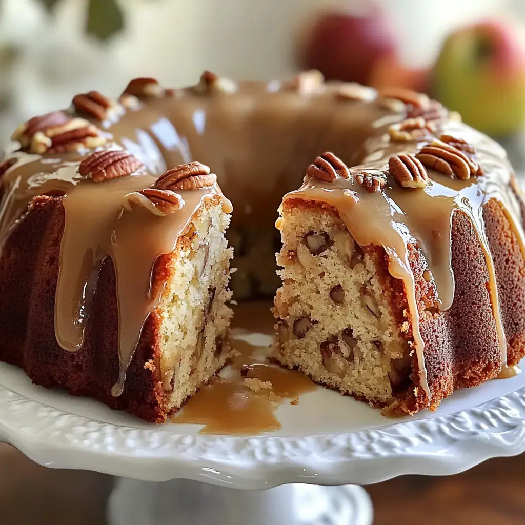 A freshly baked bundt cake, topped with caramel glaze and pecans, with a slice cut out to reveal the interior containing nuts.