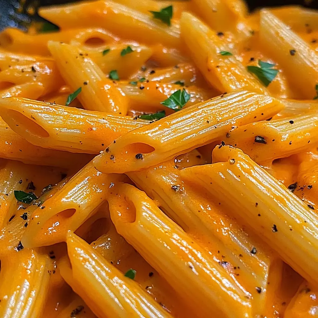 A close-up image of penne pasta coated in a creamy orange sauce and garnished with parsley.