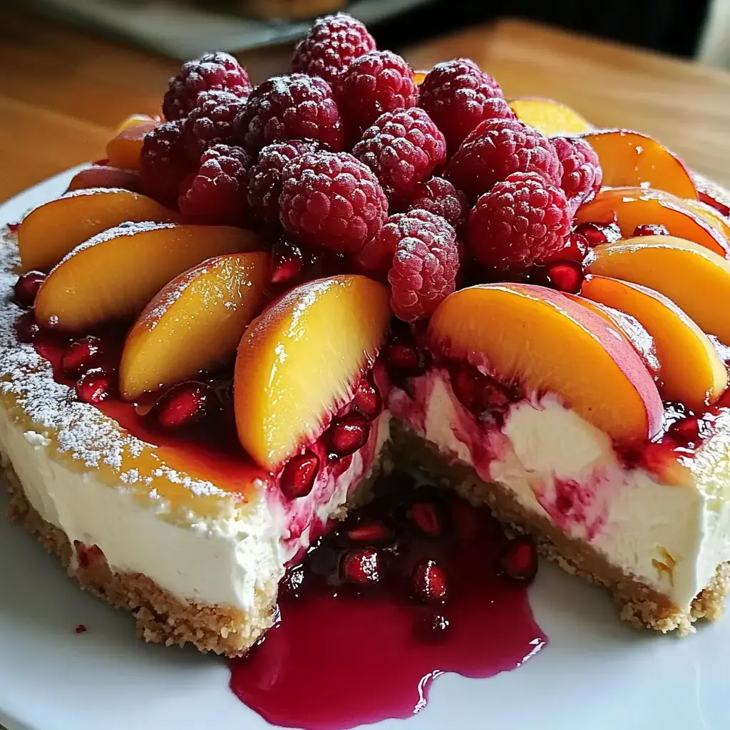 A creamy cheesecake topped with raspberries, peach slices, and pomegranate seeds, with a slice partially removed.