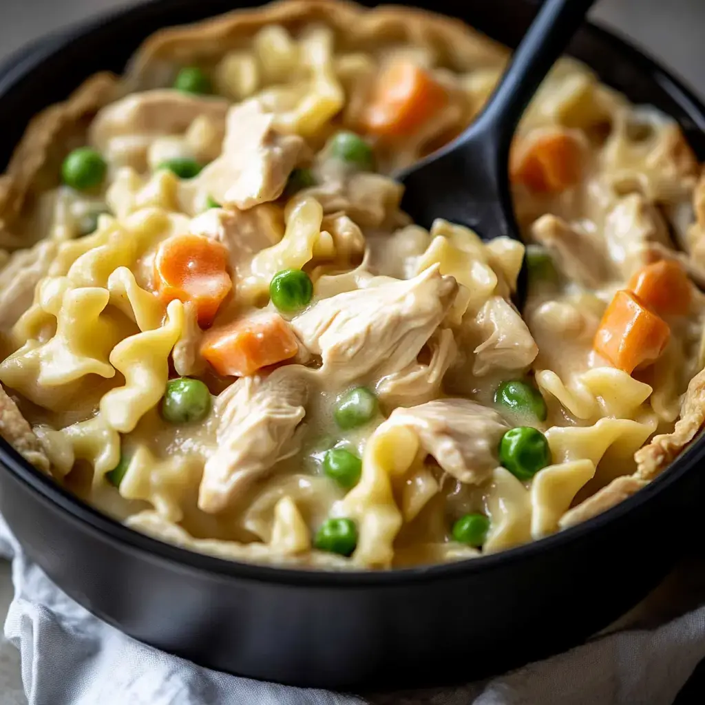 A close-up of a bowl filled with creamy chicken and noodle casserole, featuring pieces of chicken, green peas, and diced carrots.