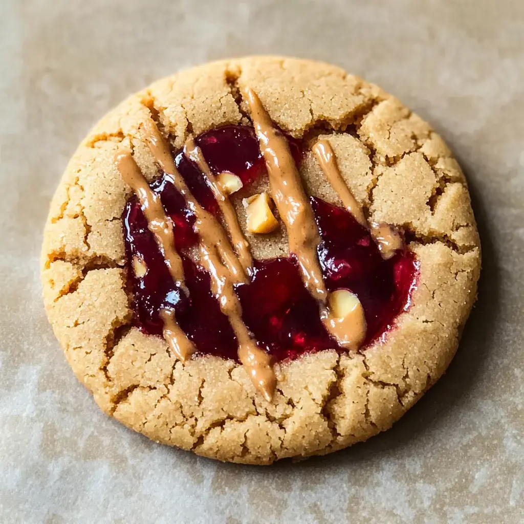 A close-up of a peanut butter cookie topped with jelly and drizzles of peanut butter.