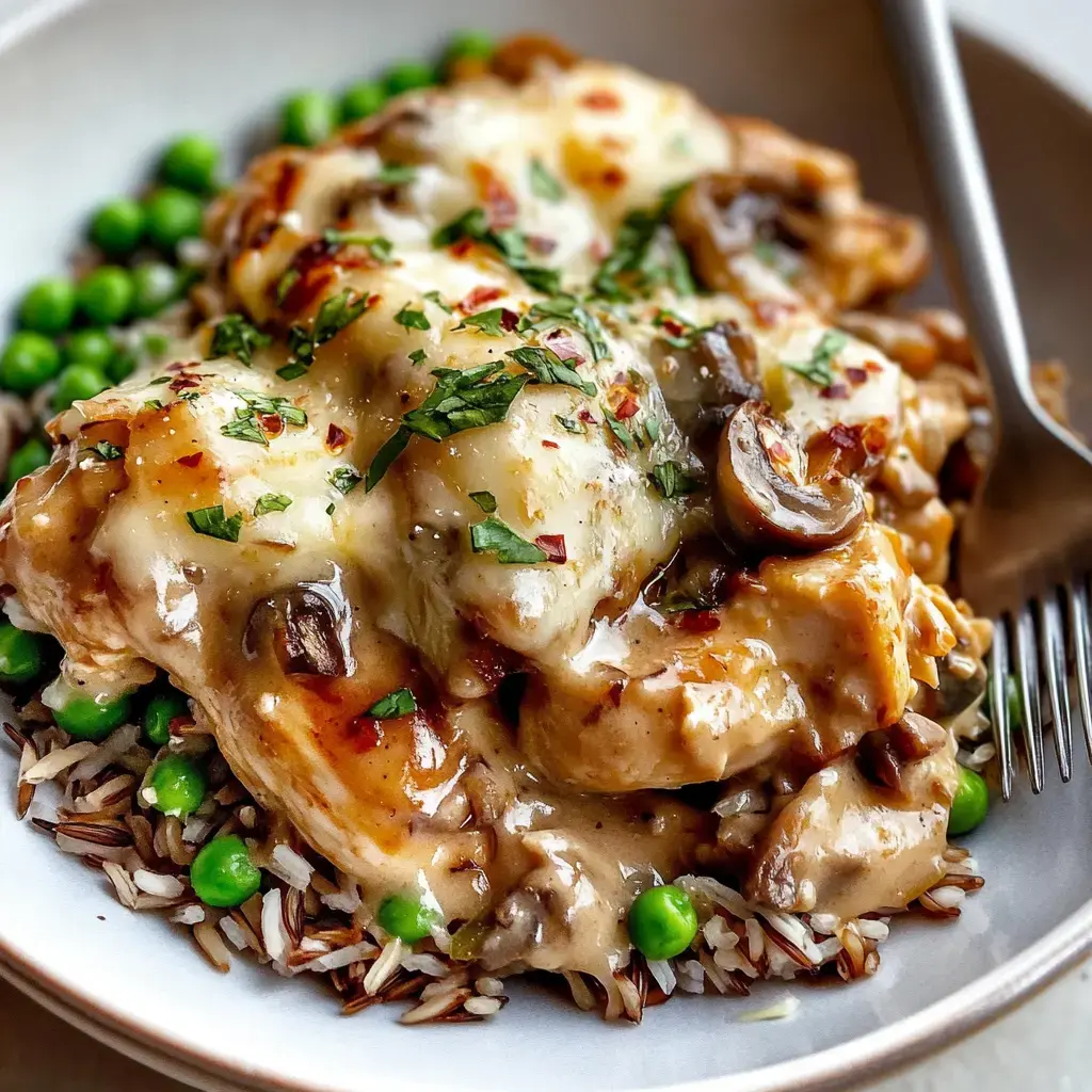 A plate of chicken topped with melted cheese and a creamy mushroom sauce, served over rice and green peas, garnished with herbs and red pepper flakes.