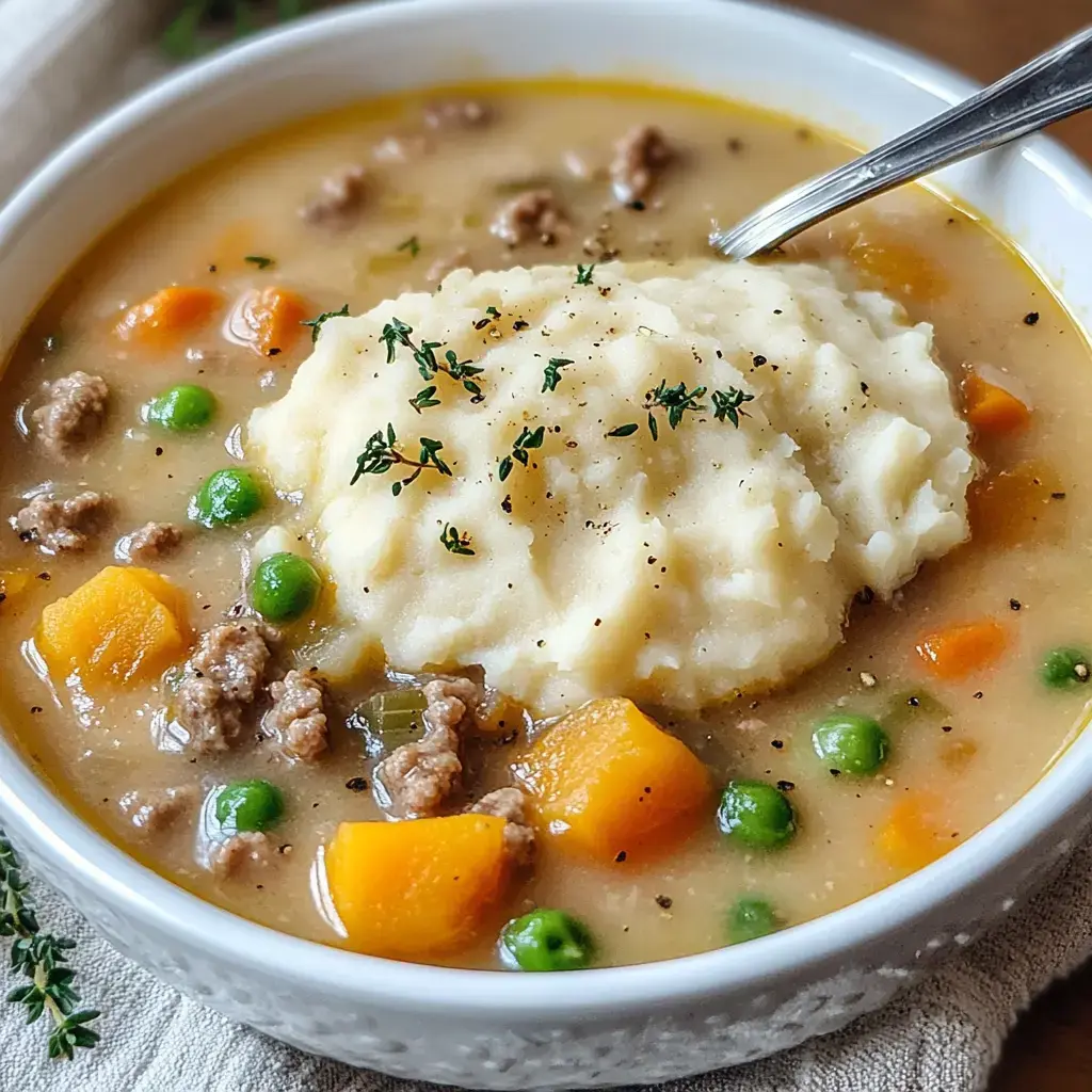 A bowl of hearty soup featuring ground meat, diced vegetables, and a generous scoop of creamy mashed potatoes topped with herbs.