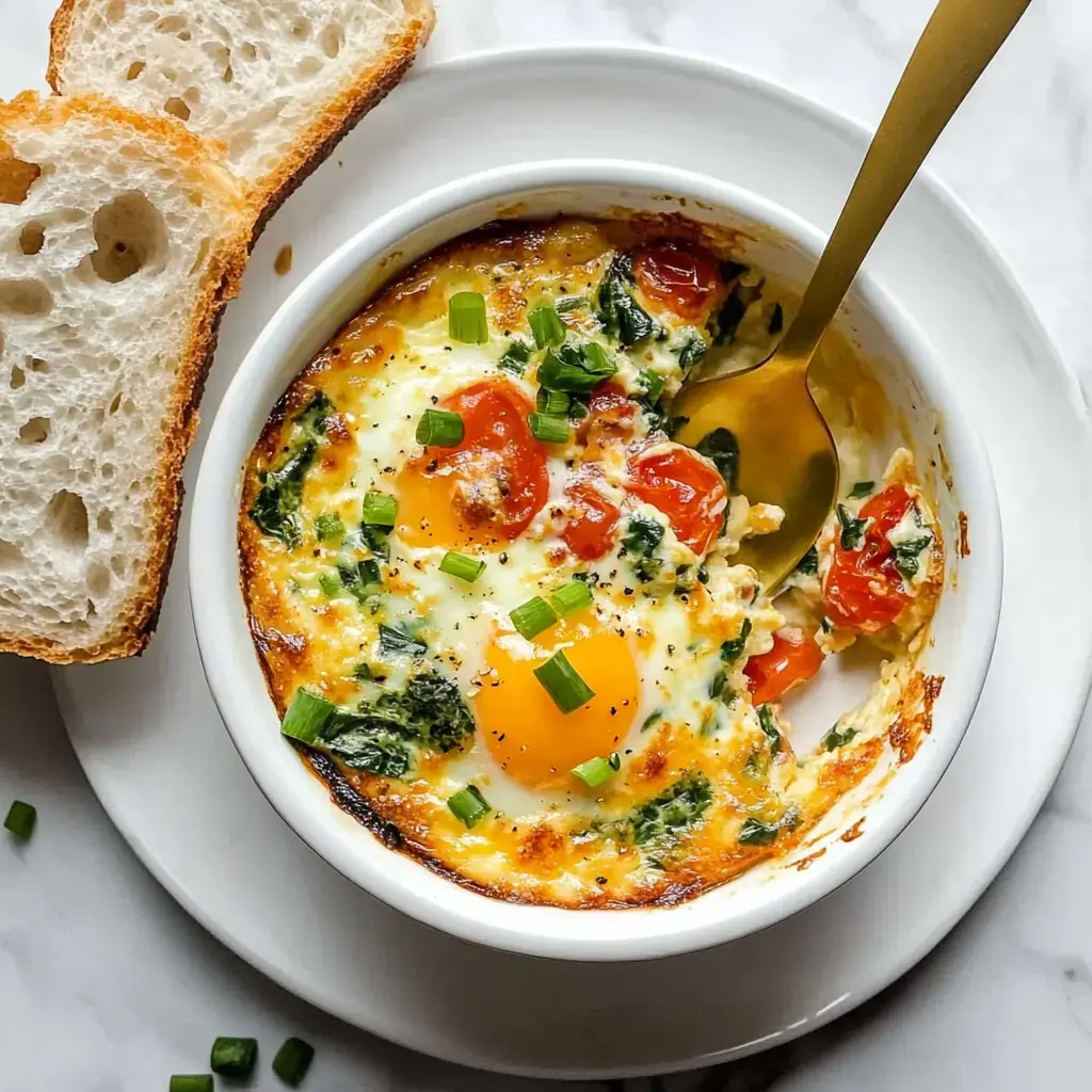 A baked egg dish with spinach and tomatoes, topped with green onions, served with a slice of bread.