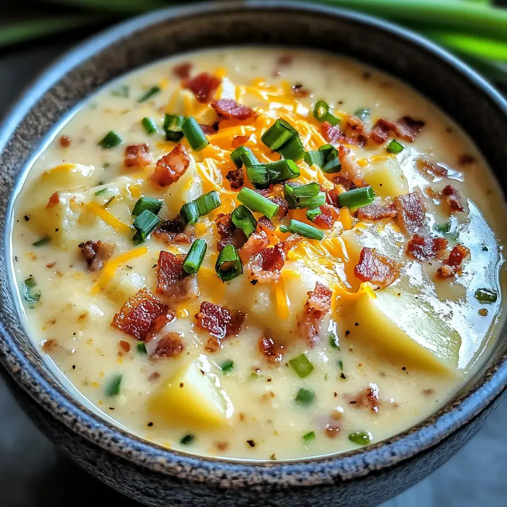 A close-up view of a bowl of creamy potato soup topped with shredded cheese, crispy bacon, and chopped green onions.