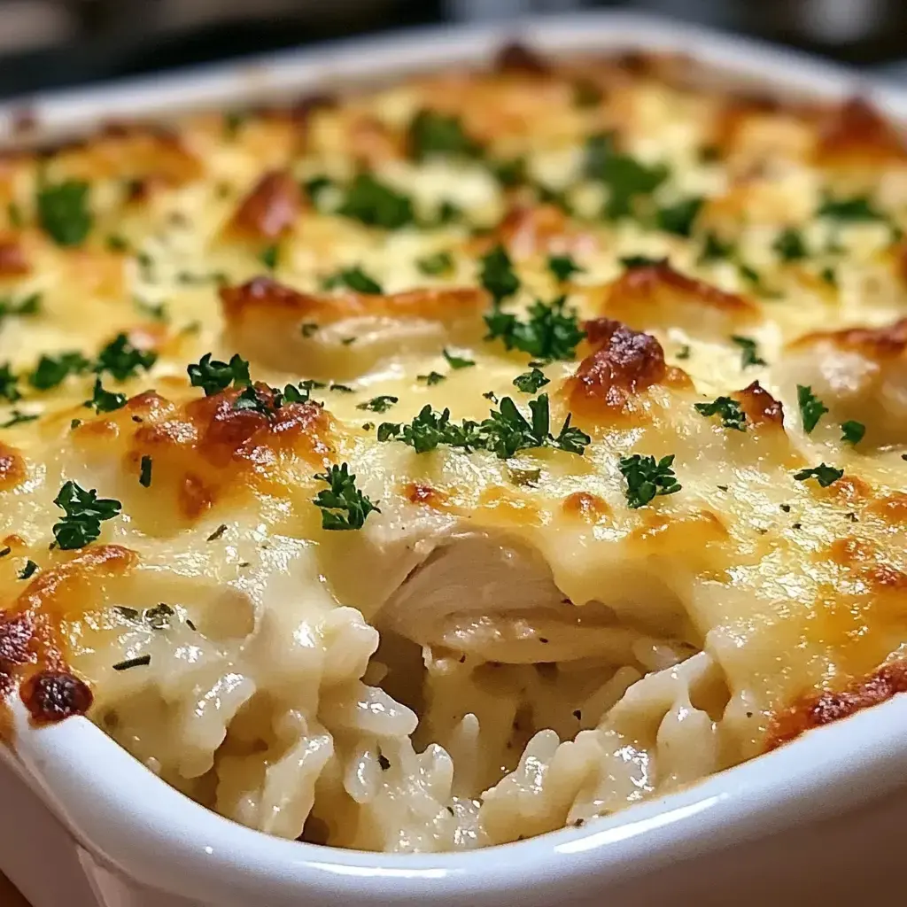 A creamy chicken and pasta casserole topped with melted cheese and garnished with parsley.