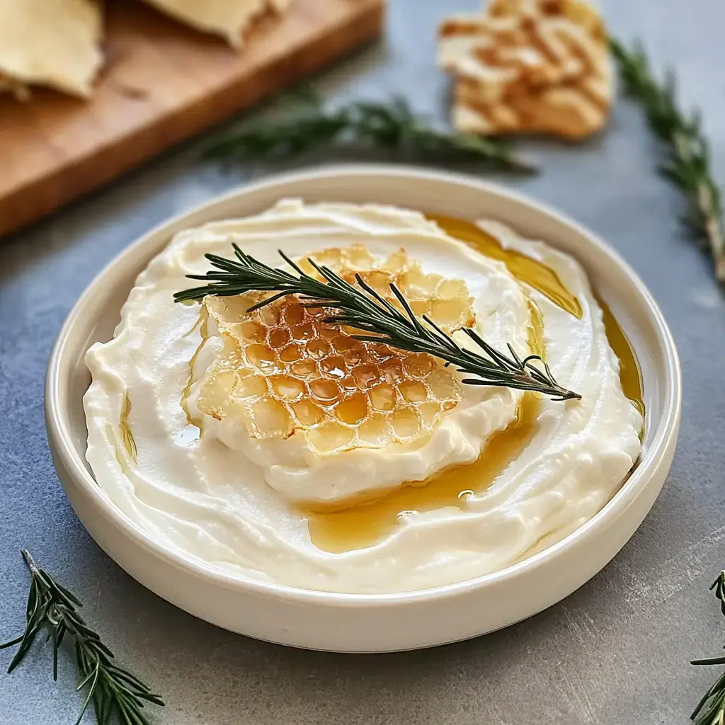 A bowl of creamy yogurt topped with honeycomb, a drizzle of olive oil, and a sprig of rosemary.