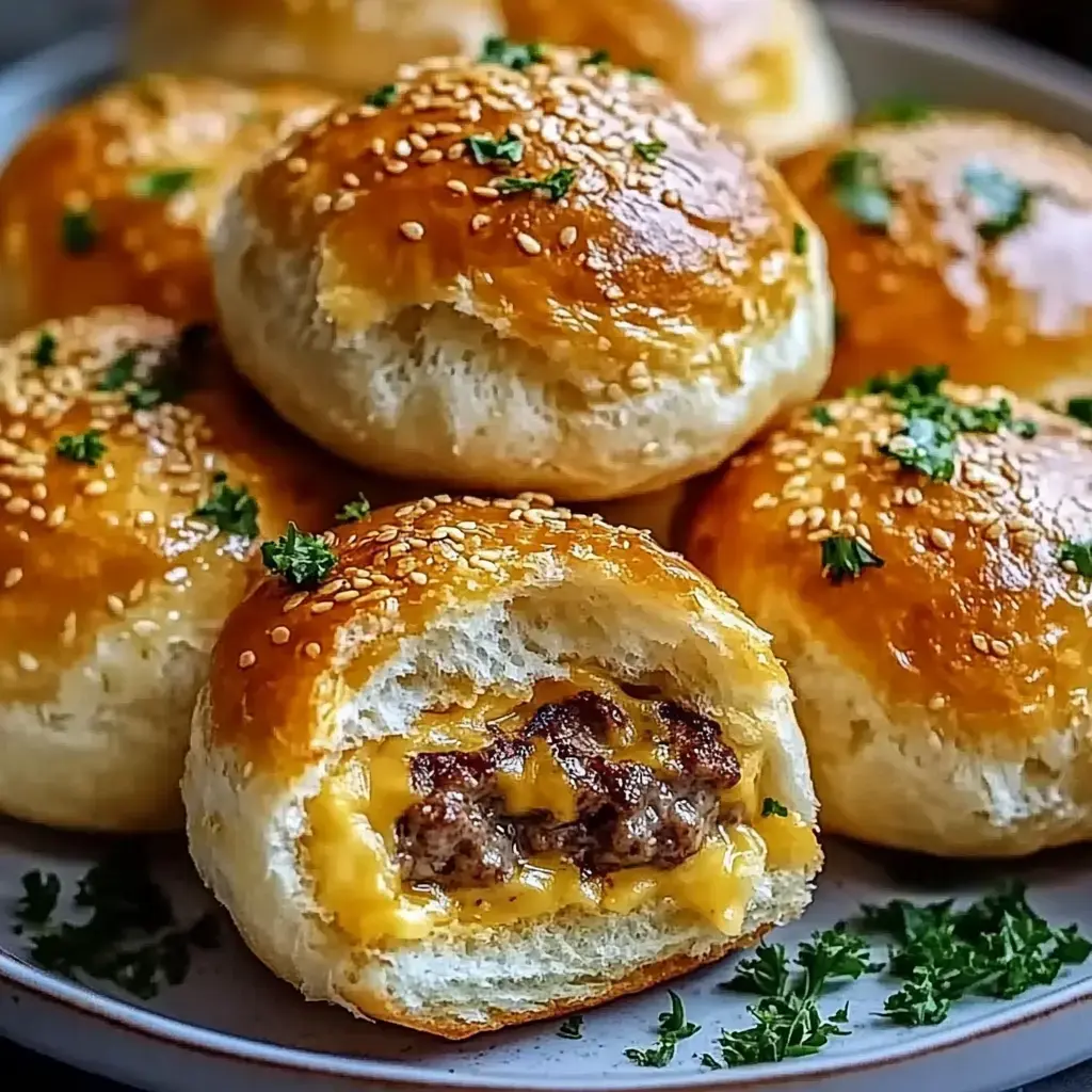 A plate of golden-brown, sesame-seed topped bread rolls filled with beef and melted cheese, with some parsley garnish scattered around.