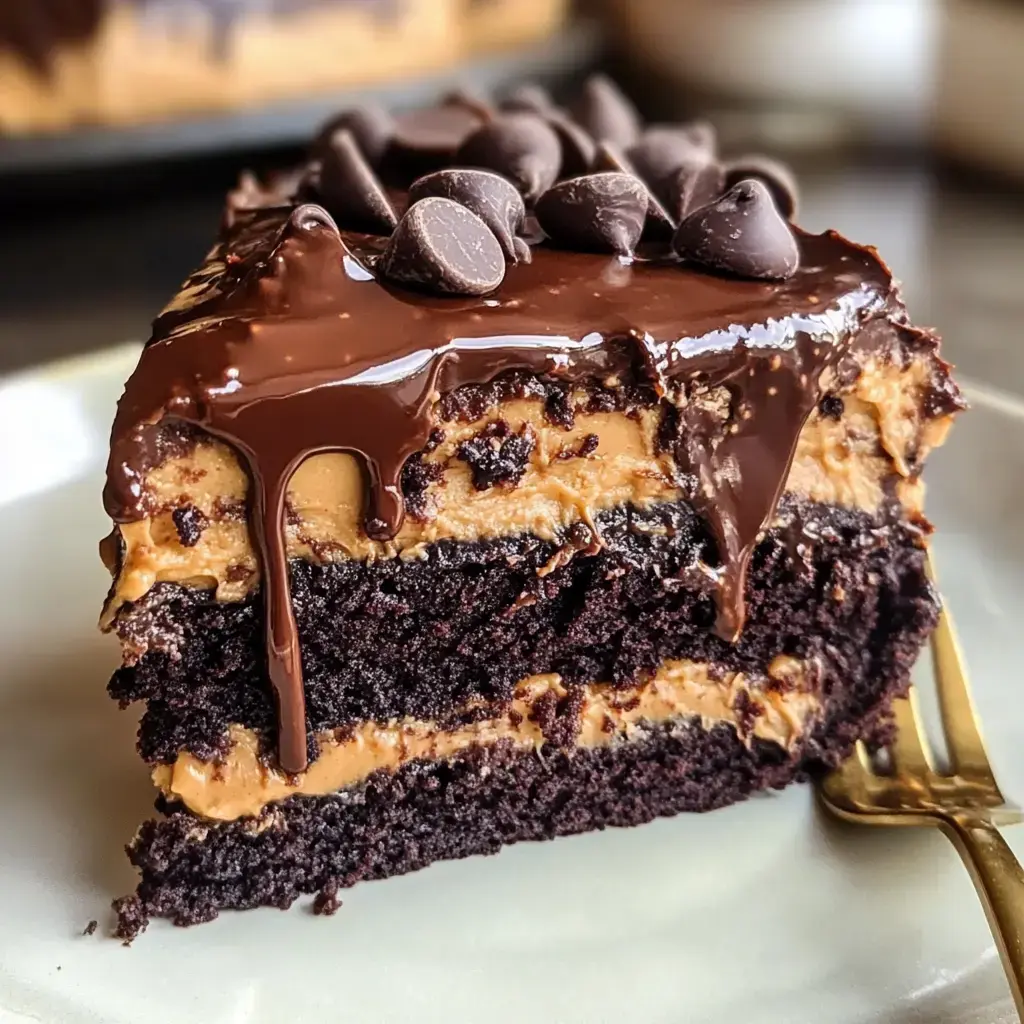 A slice of chocolate cake with layers of peanut butter frosting, topped with a glossy chocolate ganache and chocolate chips.