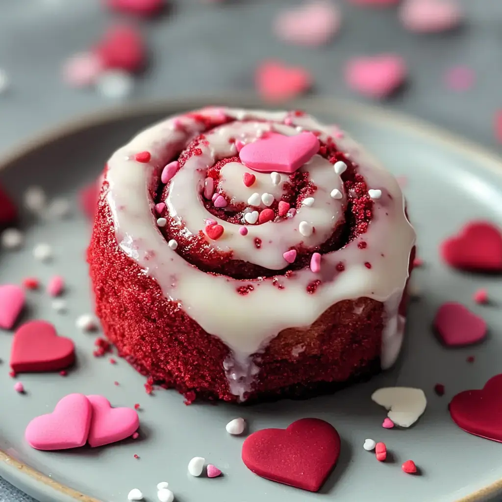 A decorated red velvet cupcake with white icing and heart-shaped sprinkles surrounded by small colorful heart decorations on a gray plate.