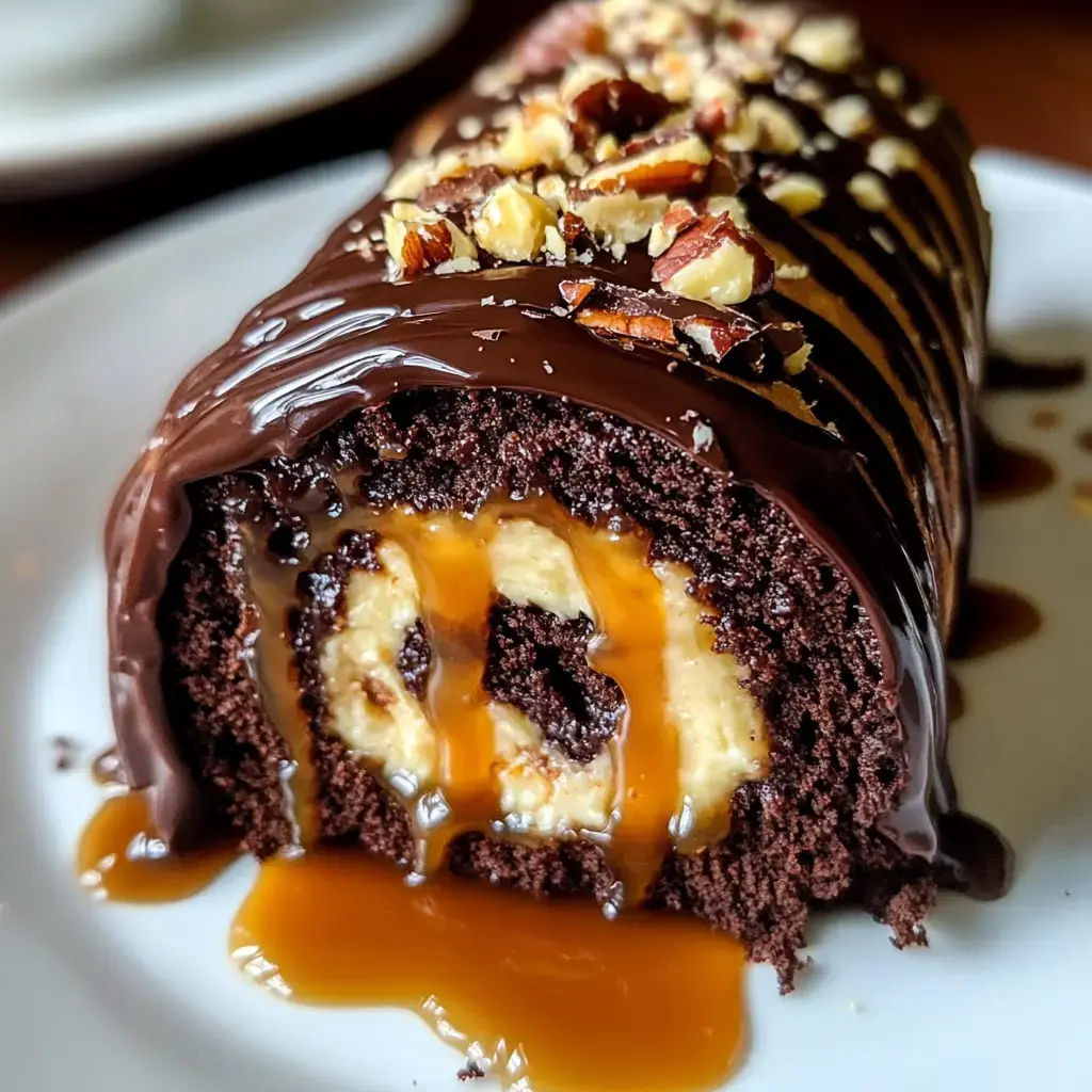 A chocolate roll cake topped with nuts and drizzled with caramel sauce, revealing a filling of cream inside.