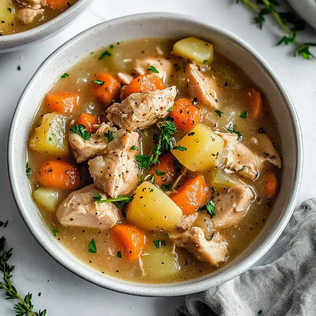 A bowl of hearty chicken soup with chunks of chicken, carrots, potatoes, and herbs in a savory broth.