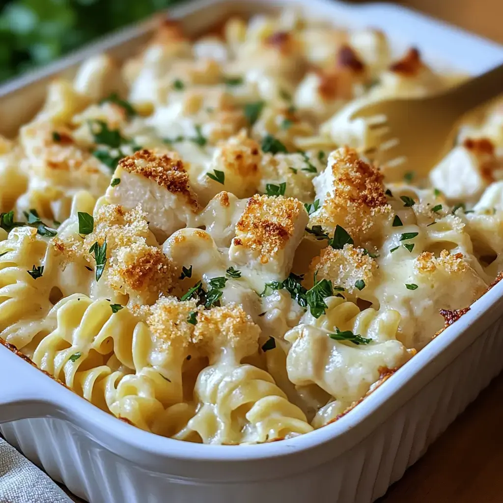 A creamy pasta dish topped with breaded chicken pieces and garnished with parsley in a white baking dish.