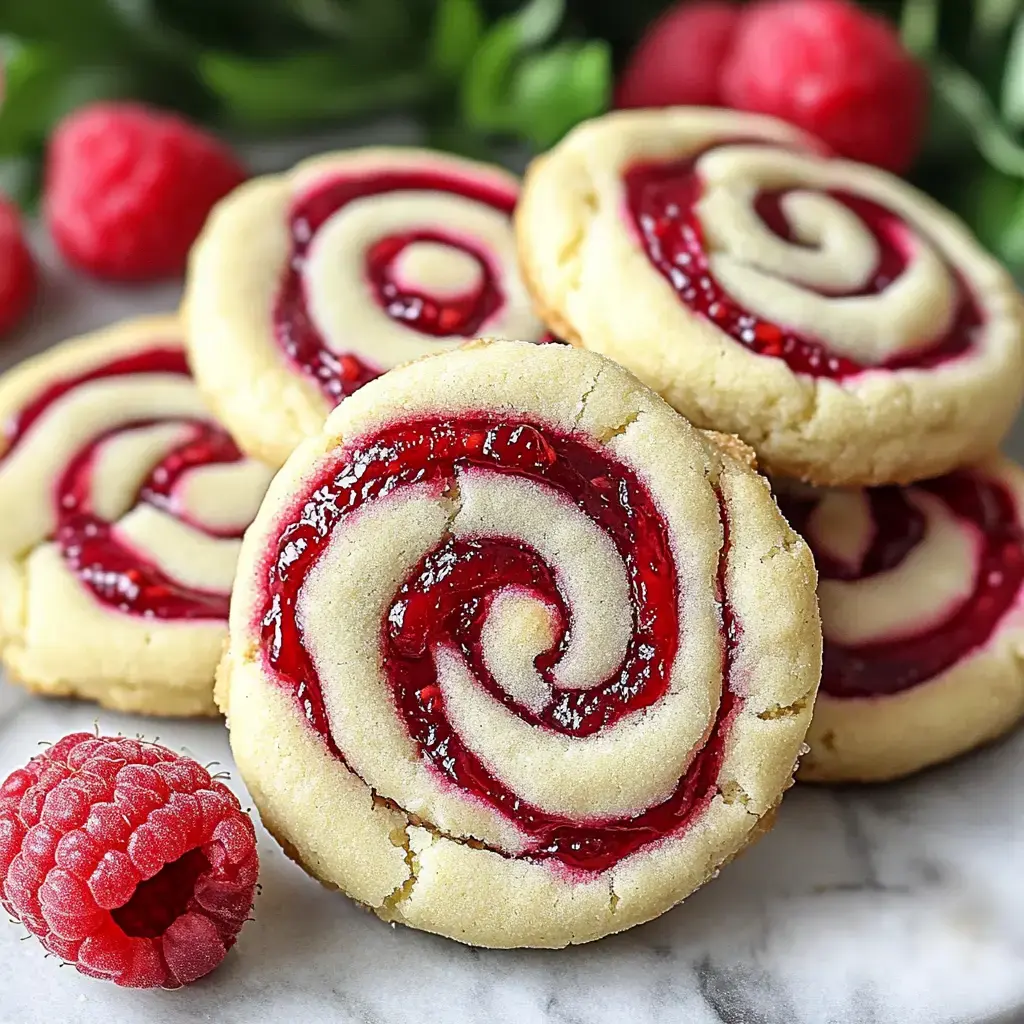 A close-up of spiral-shaped raspberry cookies, with a fresh raspberry nearby, set against a blurred green background.