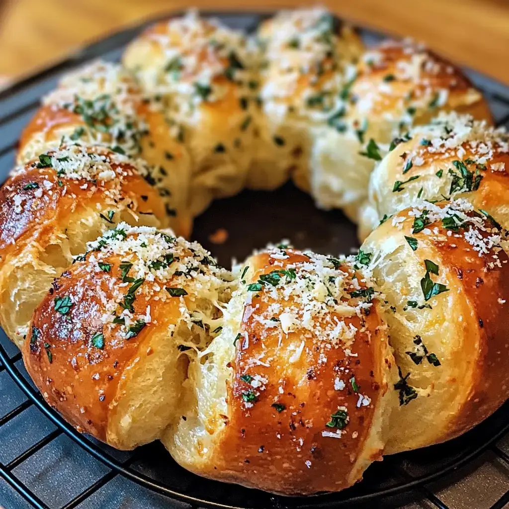 A freshly baked, golden-brown bread ring topped with parsley and grated cheese, resting on a cooling rack.