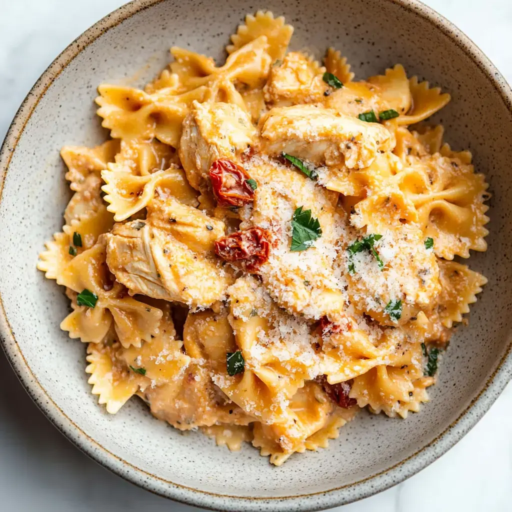 A bowl of bowtie pasta topped with chunks of chicken, sun-dried tomatoes, fresh parsley, and grated cheese in a creamy sauce.