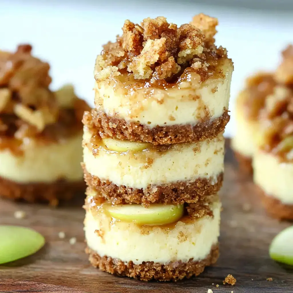 A stack of small, layered cheesecakes topped with crumbled topping and drizzled with syrup, surrounded by green apple slices.