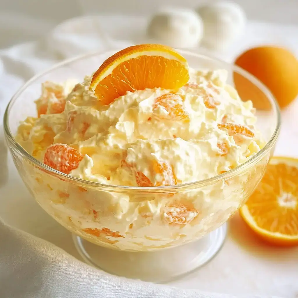 A glass bowl filled with a creamy dessert featuring chunks of mandarin oranges, topped with a slice of orange, with whole oranges in the background.