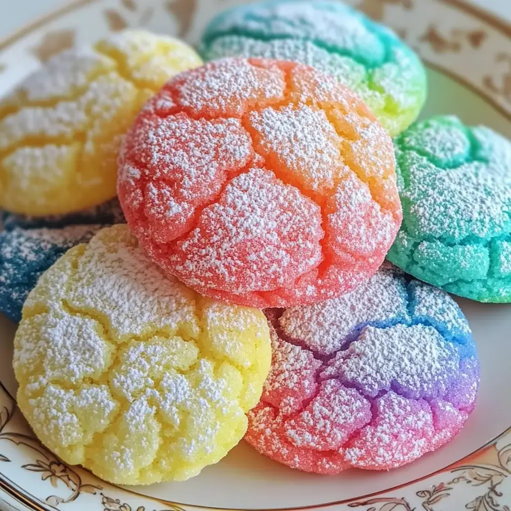 A colorful assortment of powdered cookies in rainbow shades sits on an ornate plate.