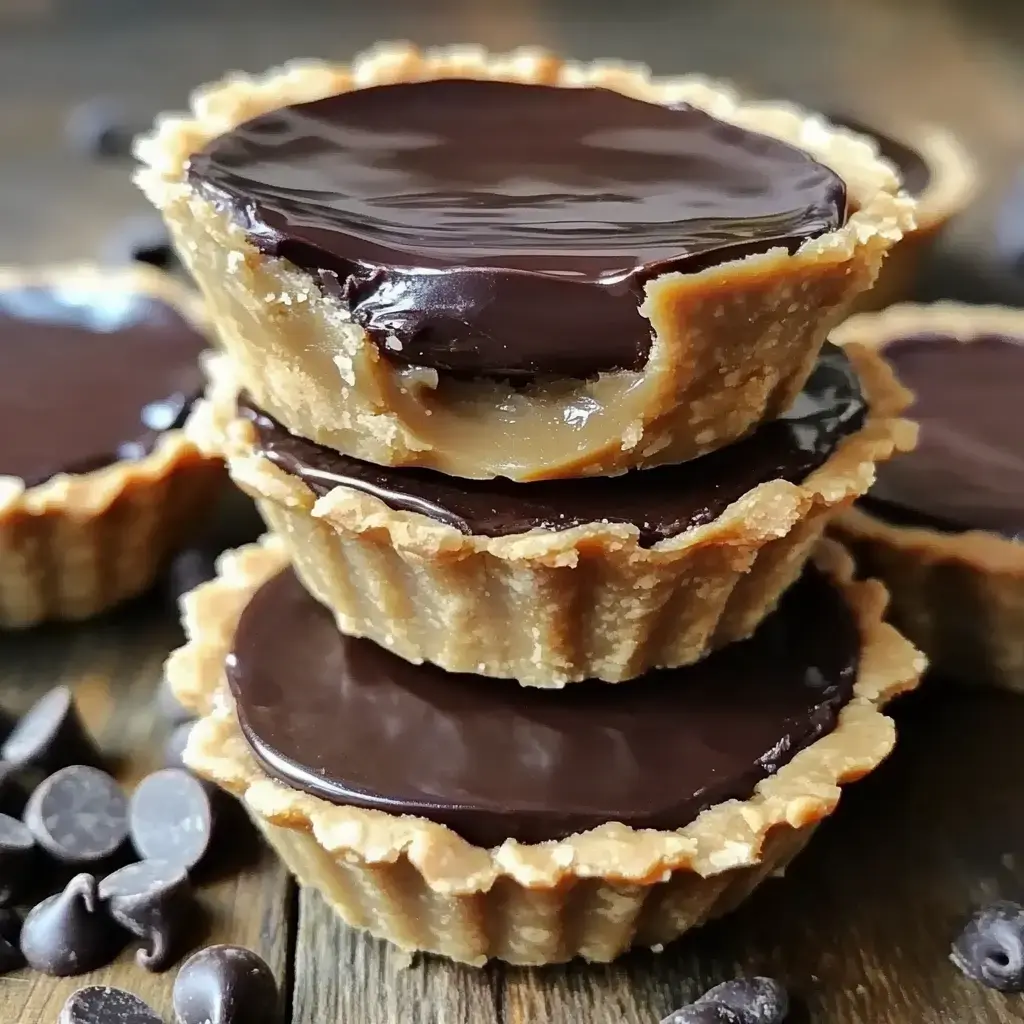 The image shows three layered chocolate-filled tartlets stacked on a wooden surface, surrounded by chocolate chips.