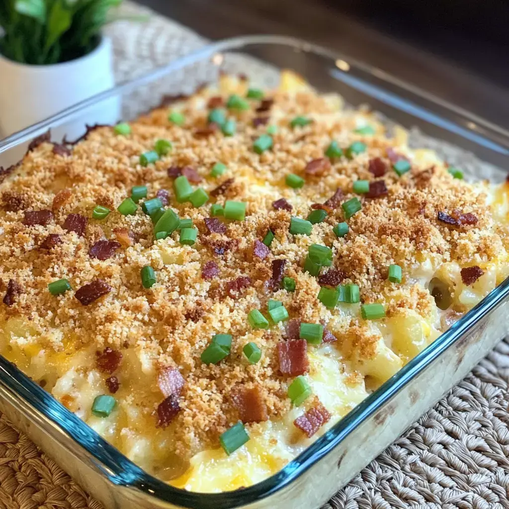 A glass dish of baked macaroni and cheese, topped with crispy breadcrumbs, diced bacon, and green onions, sits on a woven placemat beside a small potted plant.