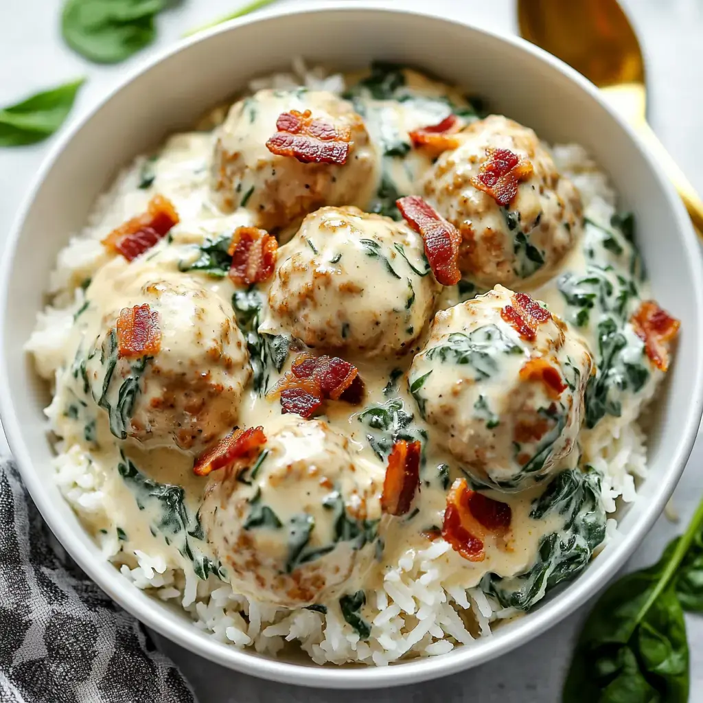 A bowl of rice topped with meatballs in a creamy spinach sauce, garnished with crispy bacon.