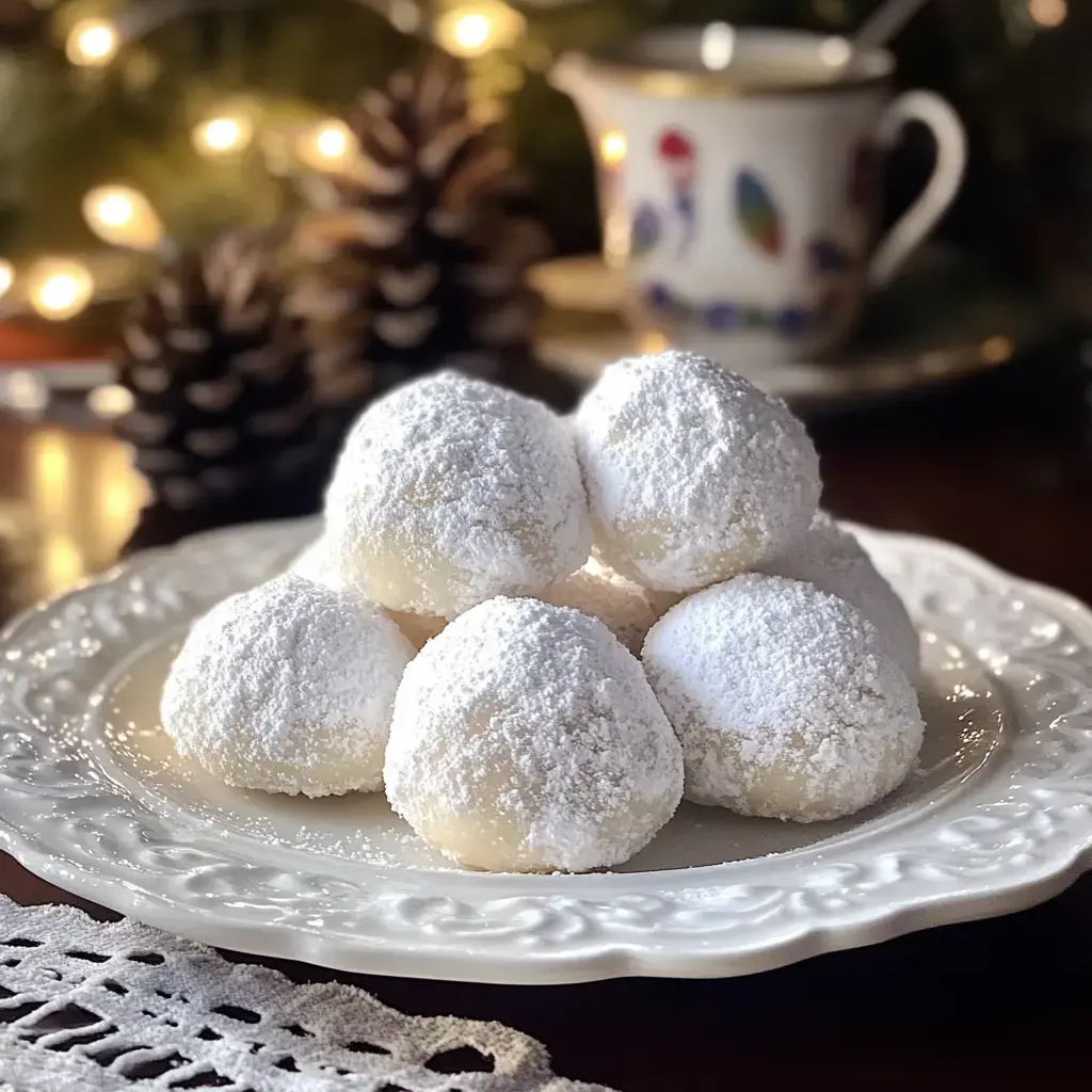 A plate of snowy white powdered sugar cookies, shaped like small balls, with pine cones and festive lights in the background.