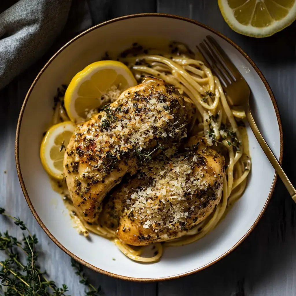 A plate of lemon herb chicken topped with breadcrumbs served over pasta, garnished with lemon slices and thyme.