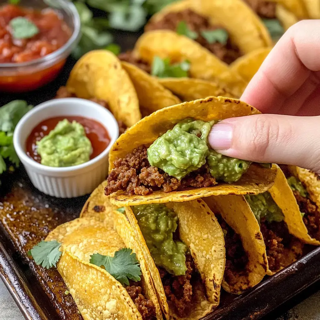 A hand is holding a taco filled with meat and guacamole, surrounded by more tacos and small bowls of salsa and guacamole.