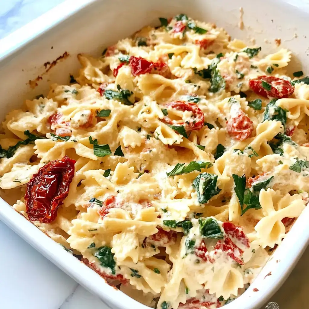 A baked pasta dish featuring farfalle, sun-dried tomatoes, spinach, and creamy sauce, garnished with fresh parsley.