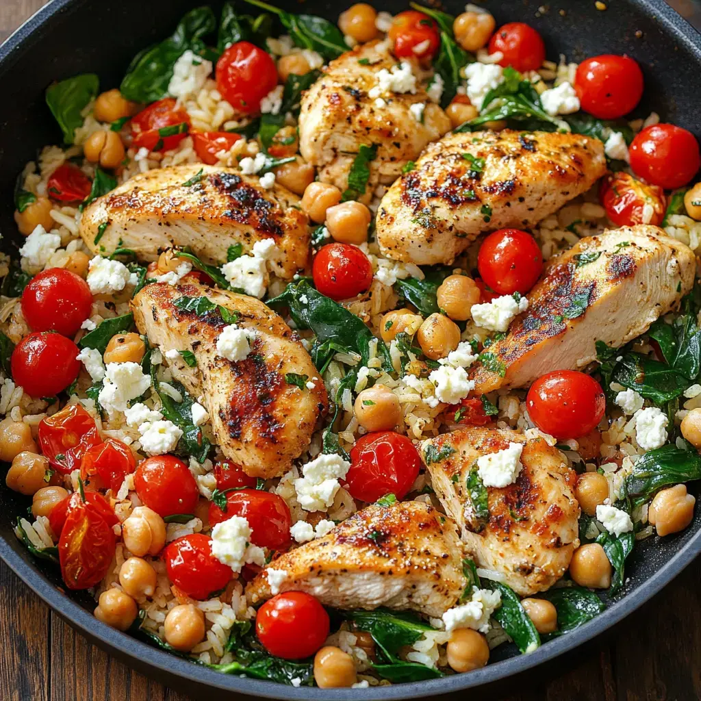 A skillet filled with grilled chicken breast slices, cherry tomatoes, chickpeas, spinach, and crumbled feta cheese over rice.