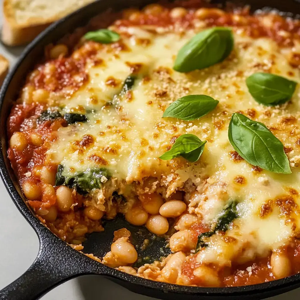 A close-up of a baked dish in a cast iron skillet, featuring layers of white beans, spinach, tomato sauce, and melted cheese, garnished with fresh basil leaves.